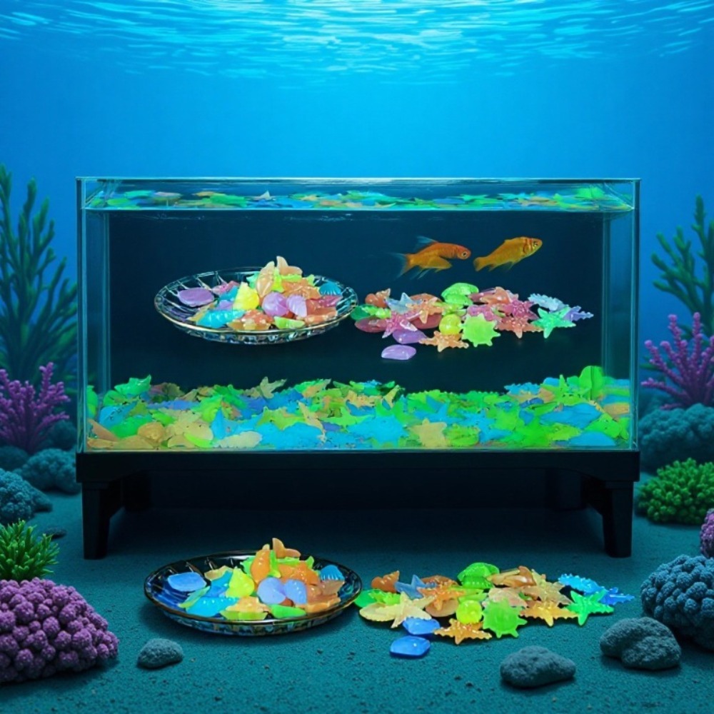 Aquaponics Fish Tank - Batu Laut Bercahaya, Cangkang Kerang Fluoresen,